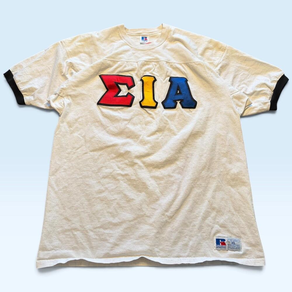 Vintage Russell Athletic Shirt Mens XL White Greek Letters Ringer Tee T-Shirt